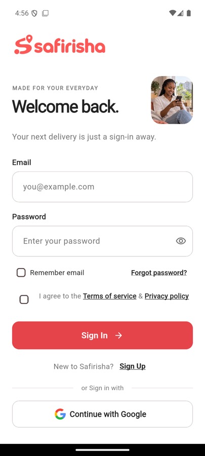 Screenshot of the Safirisha app sign-in screen.