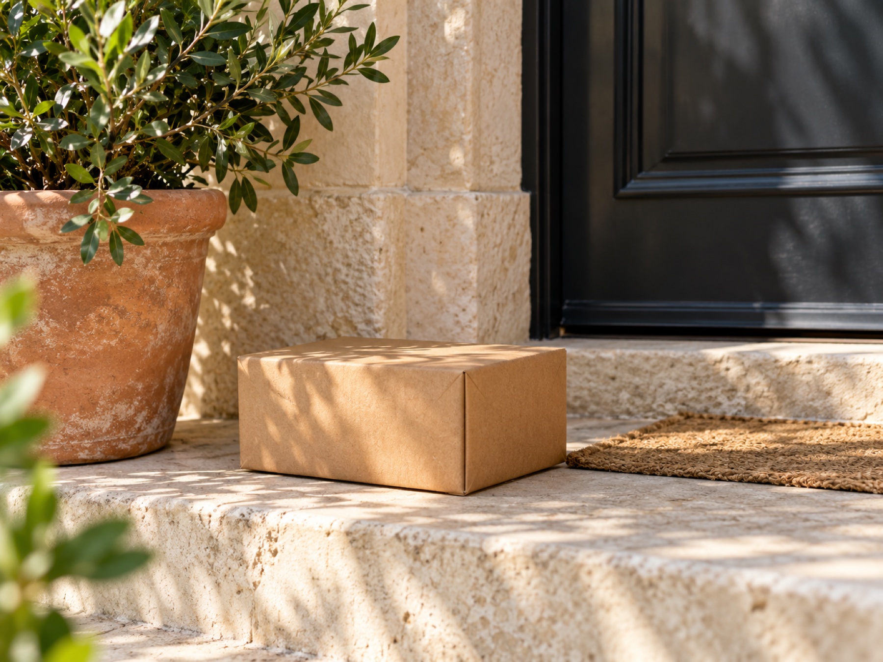 A carefully wrapped parcel on a sunlit doorstep