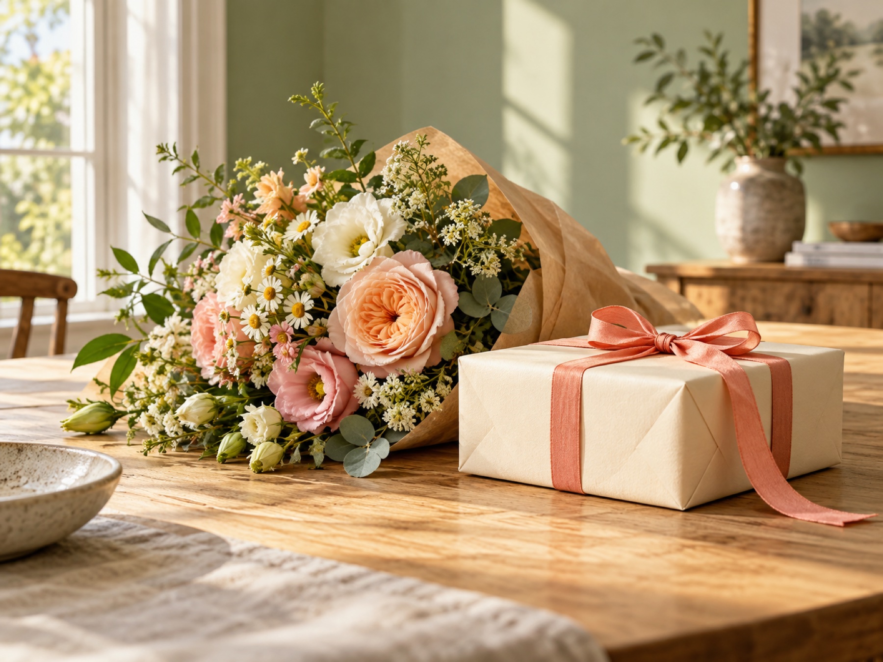 A gift parcel with coral ribbon beside a fresh bouquet
